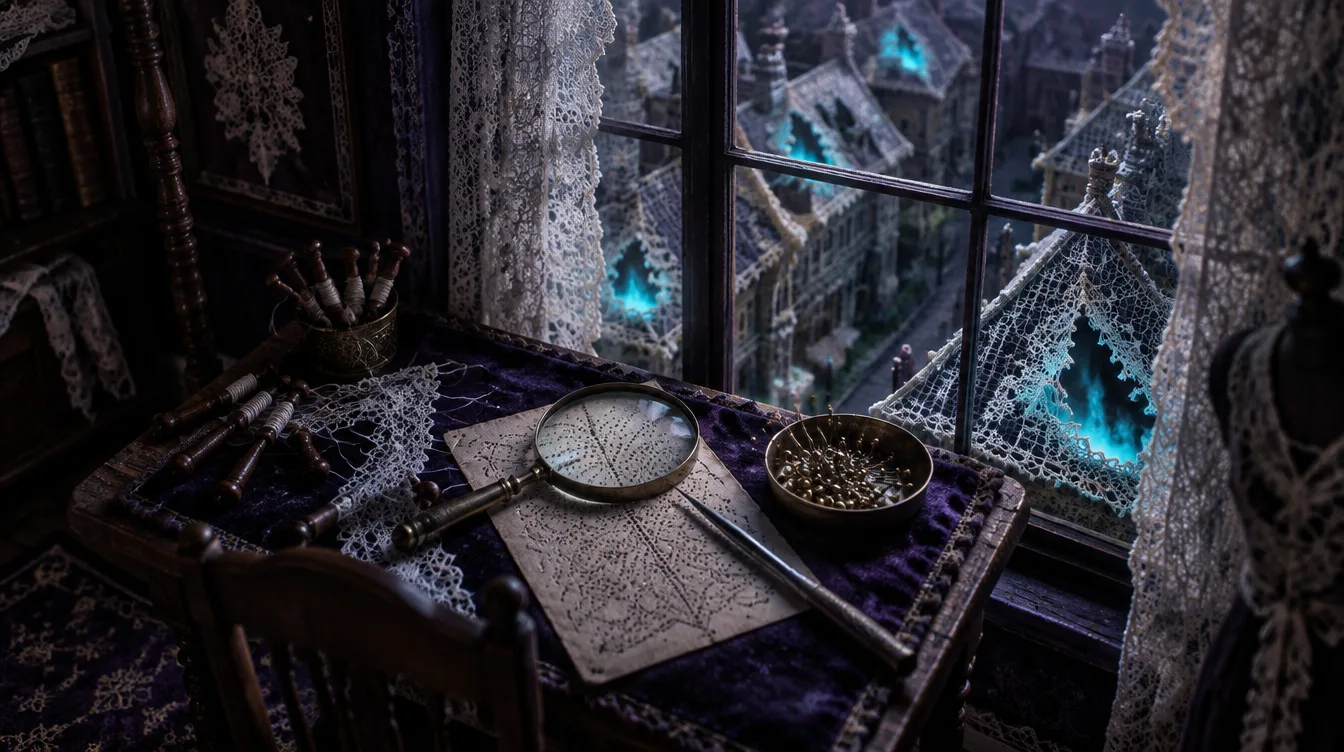 A lace house model cut open at the top floor: a worktable under a window, a pricked card beneath a brass lens, and lace rooftops outside with holes glowing pale blue.
