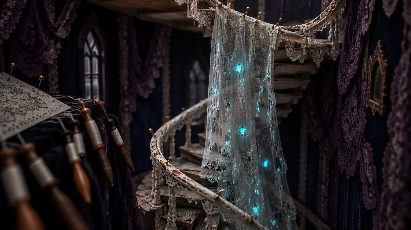 The stair of a lace house model: a long wedding veil hangs down the stairwell, dotted with tiny holes that glow pale blue, pinned to the banister with brass pins.