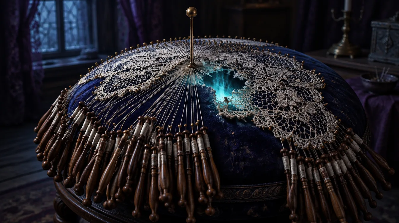 A lace pillow the size of a table with hundreds of wooden bobbins hanging from it and one very long brass pin standing at the center of the lace, a blue glow leaking from a tear beside it.