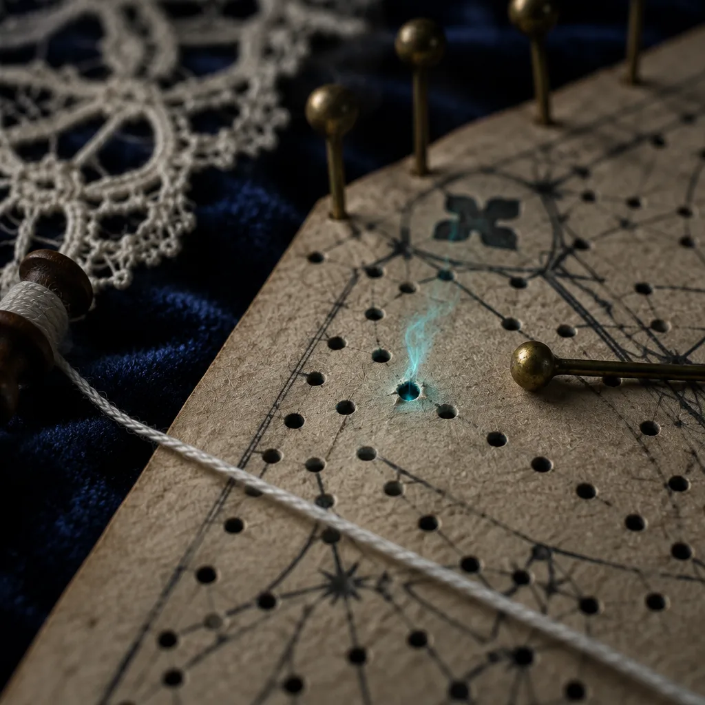 Close view of a pattern card: one pin hole sits off the ink line, and a thin pale blue light rises from it.