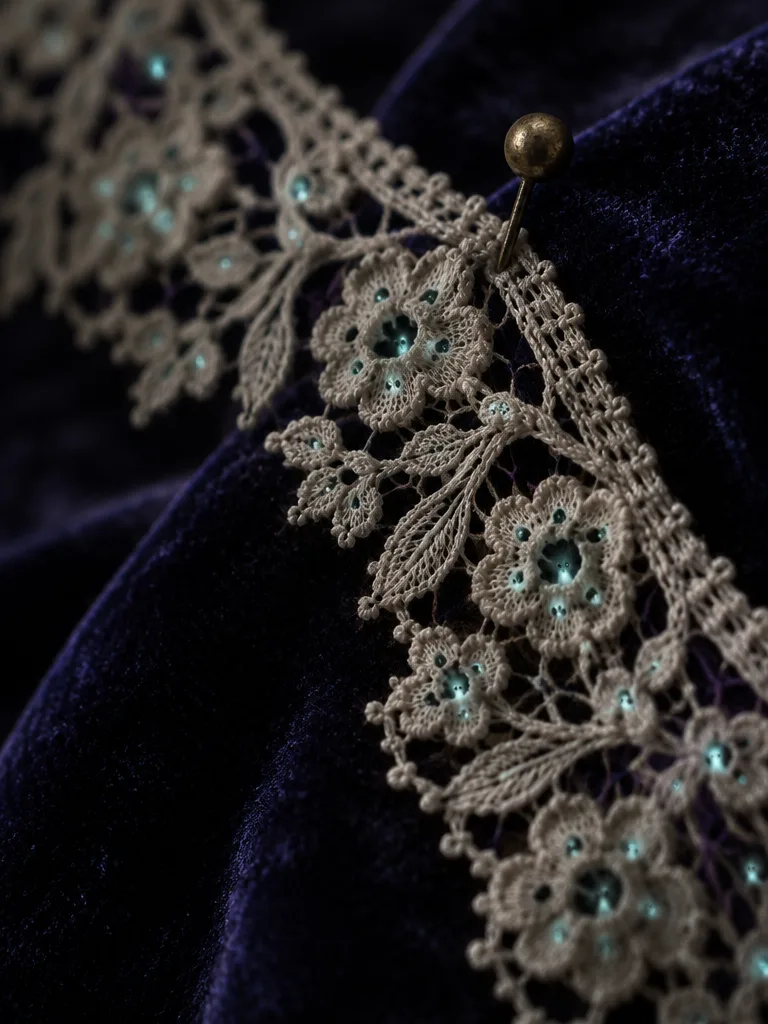 Close view of a wedding lace border of small flowers, each flower holding a tiny hole with a faint blue glow, pinned to indigo velvet.