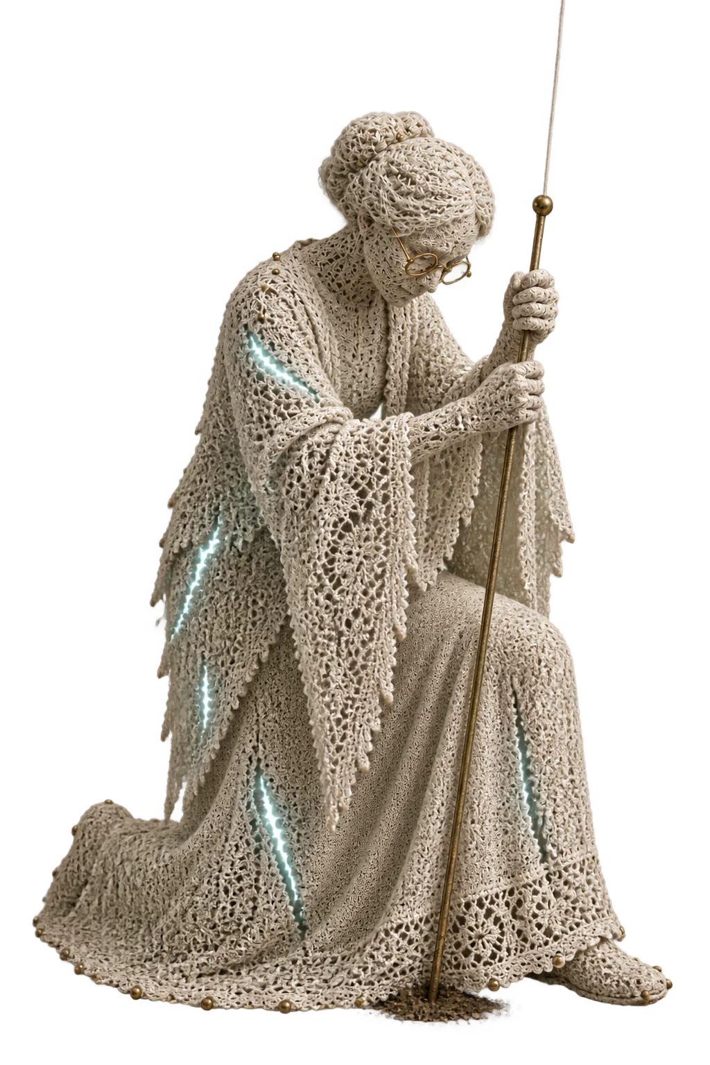 Maud as a lace figure, kneeling, pulling a long brass pin upward with both hands.