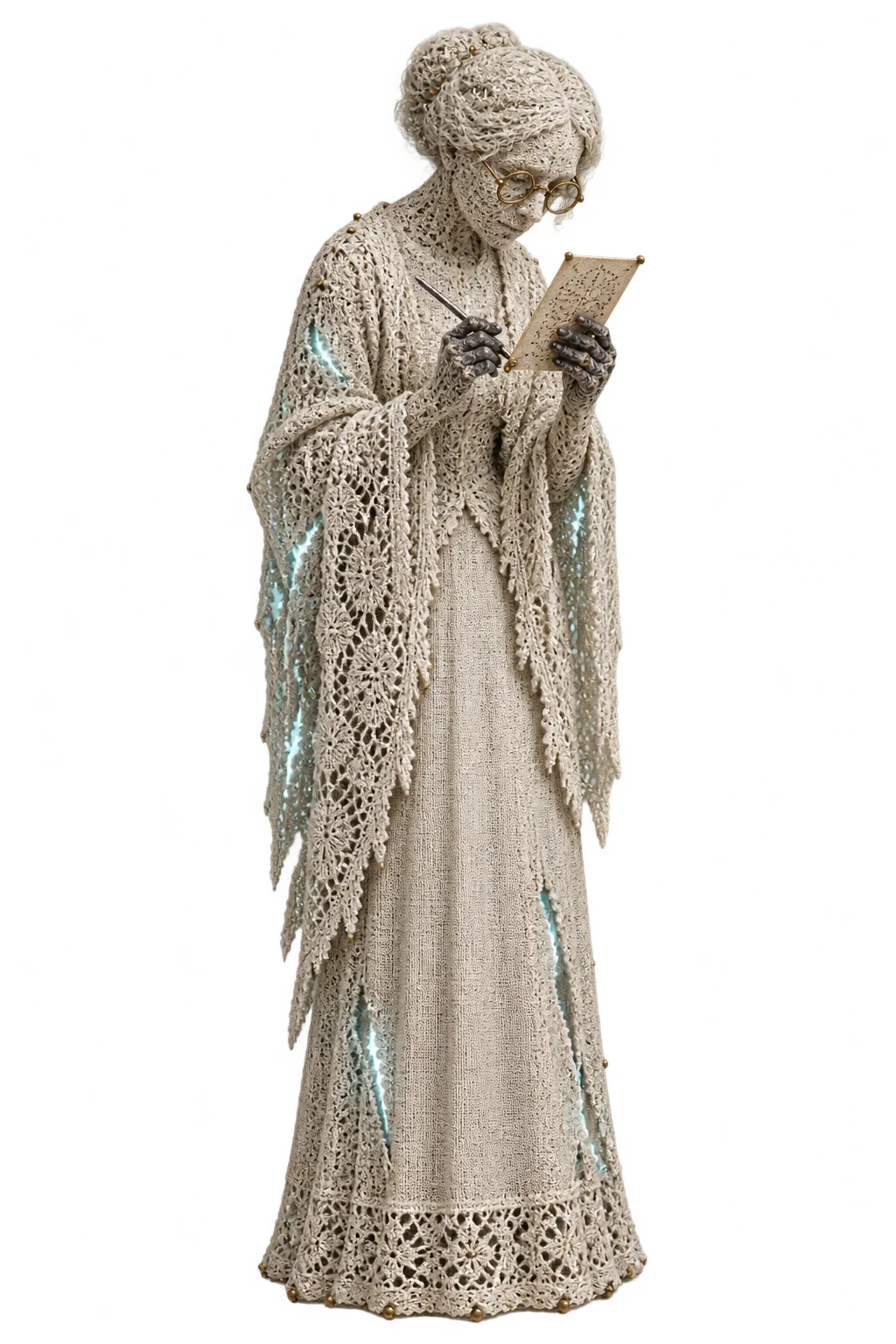 Maud Alderwick as a figure made of bone-white lace, stooped, brass spectacles on, holding a pattern card close and a pricker in her other hand.