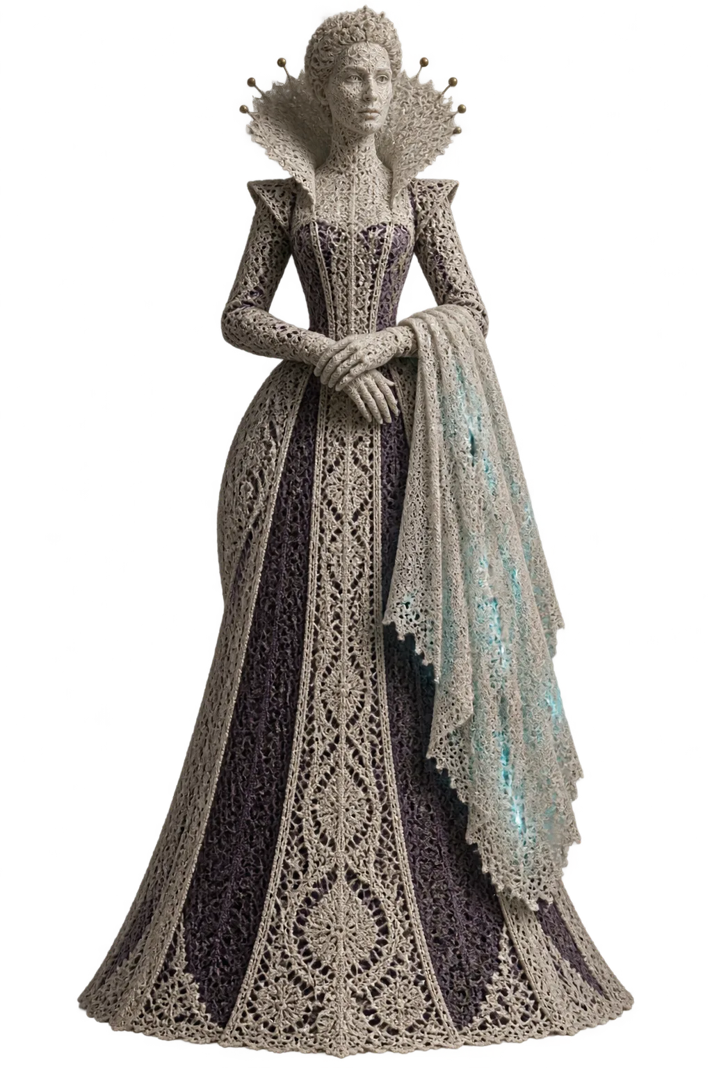 Imogen Thirl as a lace figure, upright, in a gown with a tall lace collar that flares like an upturned bell, gloved hands folded, a veil with tiny glowing holes over one arm.
