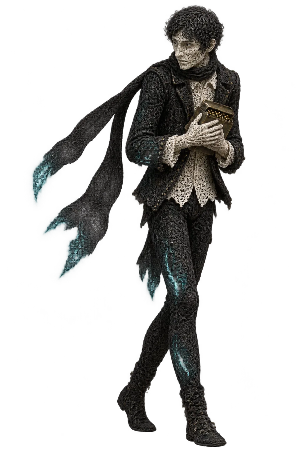 Dov Pell as a lace figure in a black lace jacket, hunched, holding a tin of brass pins to his chest, a long scarf trailing.