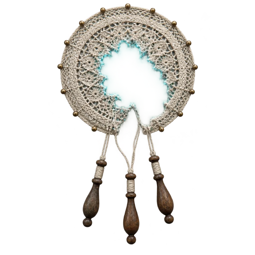 A round piece of lace left unfinished, loose threads hanging with three bobbins, a ragged hole in the middle with a faint blue rim.