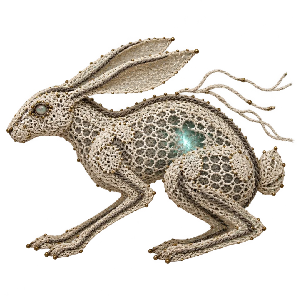 A hare made of lace, crouched to run.